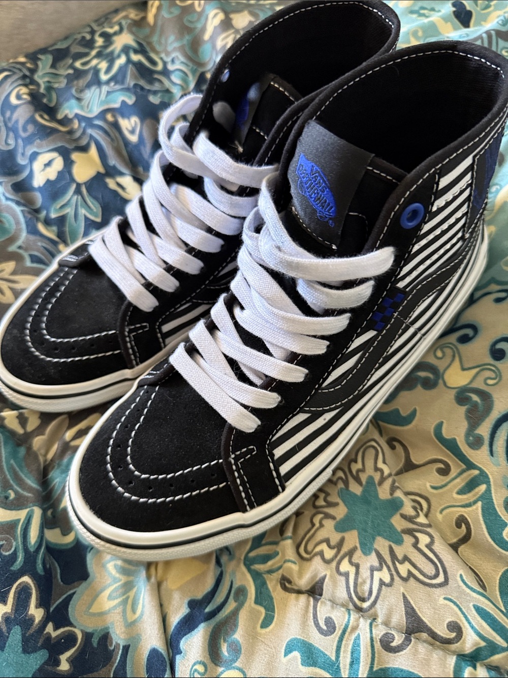 Vans Black & White Striped High-Top Sneakers with Blue Accents